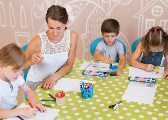 Child using sensorial materials at a montessori preschool near me